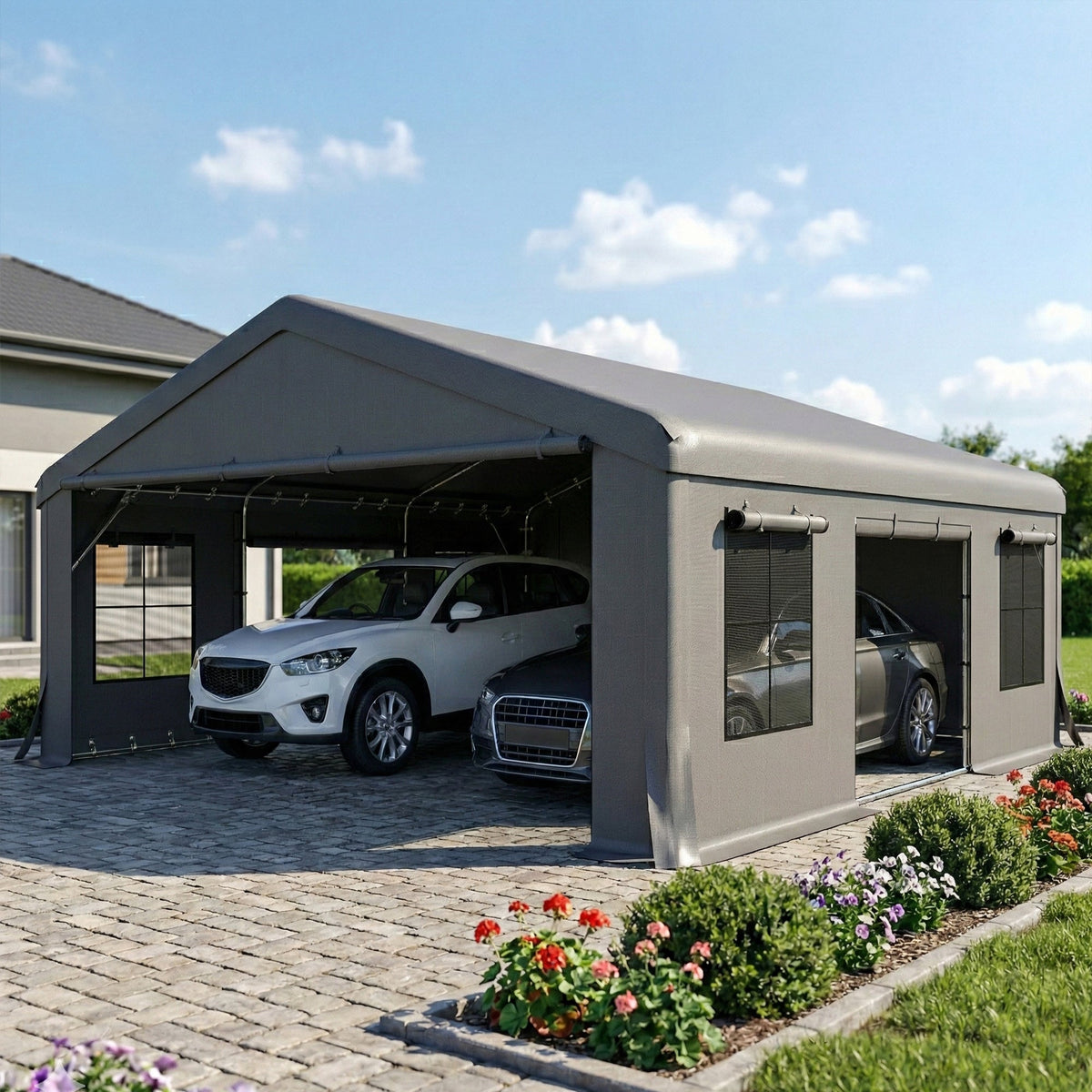 Abri voiture renforcé 20' x 20' avec 3 portes enroulables, gris foncé