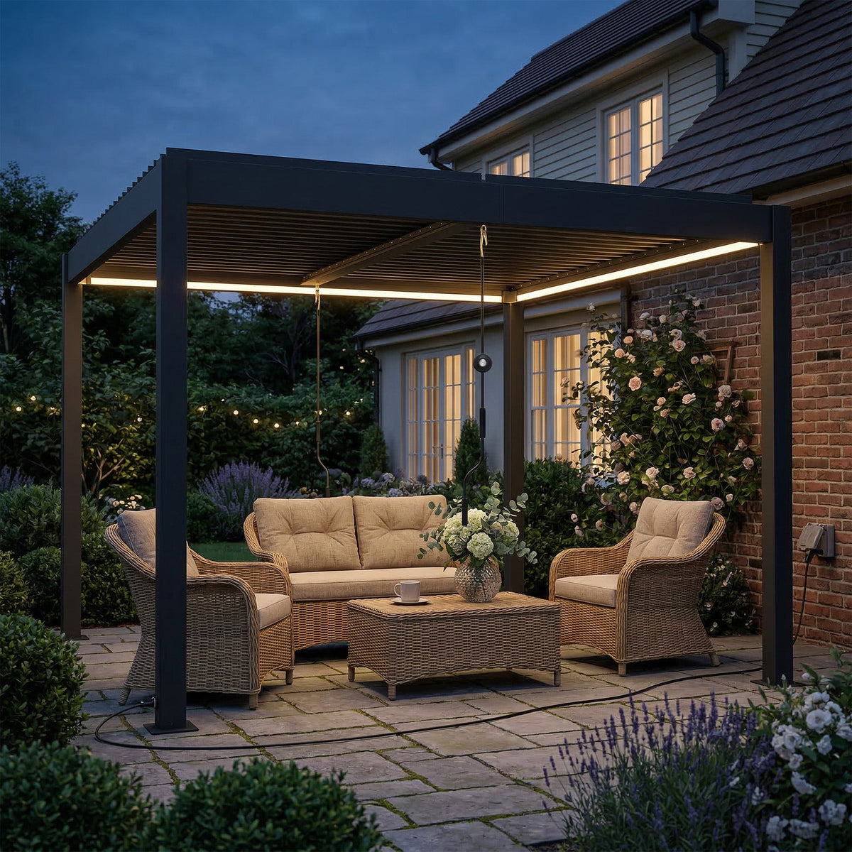 Pergola à lames orientables 3 x 3 m gris foncé avec toit réglable, éclairage LED et télécommande