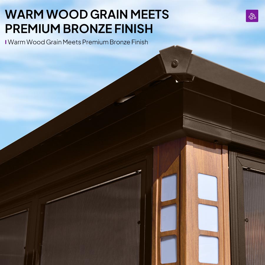 PURPLE LEAF – Pavillon-solarium à toit rigide avec structure bronze, colonnes effet bois, double toit en acier galvanisé et éclairage