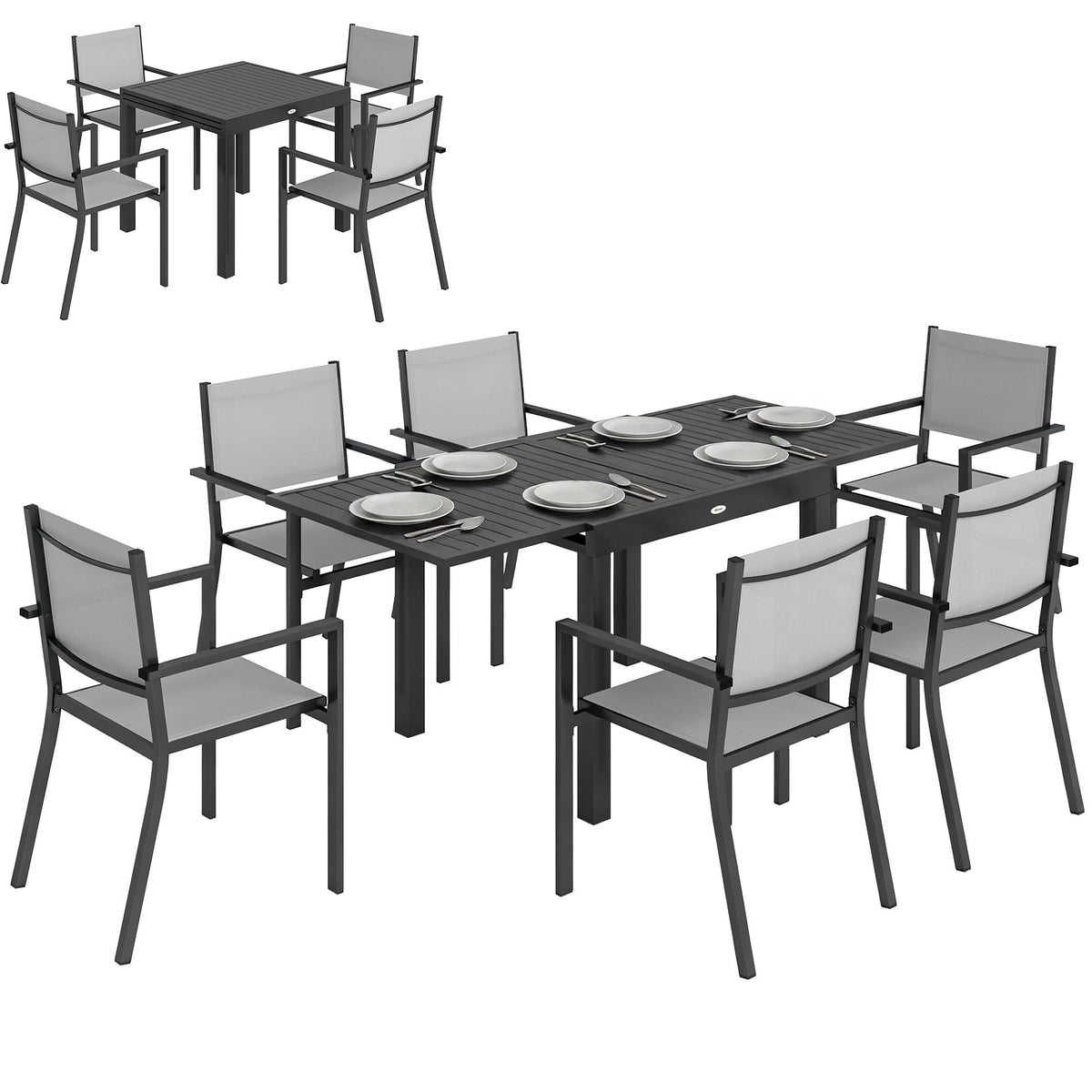 Ensemble repas extérieur 7 pièces avec table extensible et chaises empilables