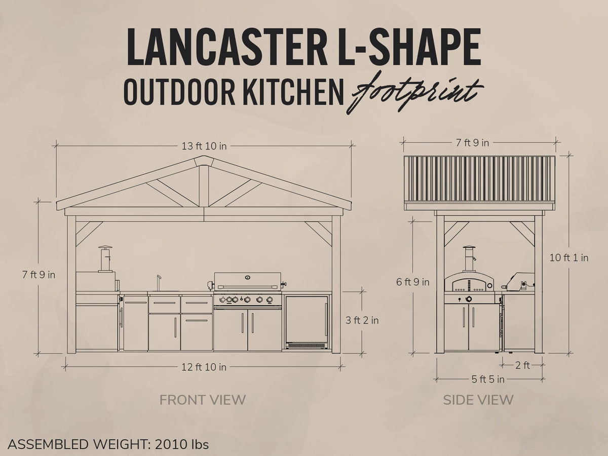 Lancaster | Cuisine extérieure en L avec barbecue encastrable et four à pizza