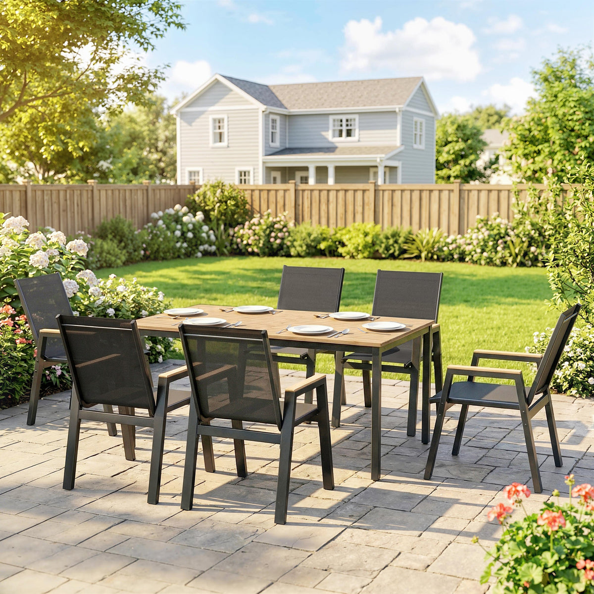 Ensemble repas extérieur 7 pièces avec table rectangulaire à lattes et 6 chaises en maille, noir