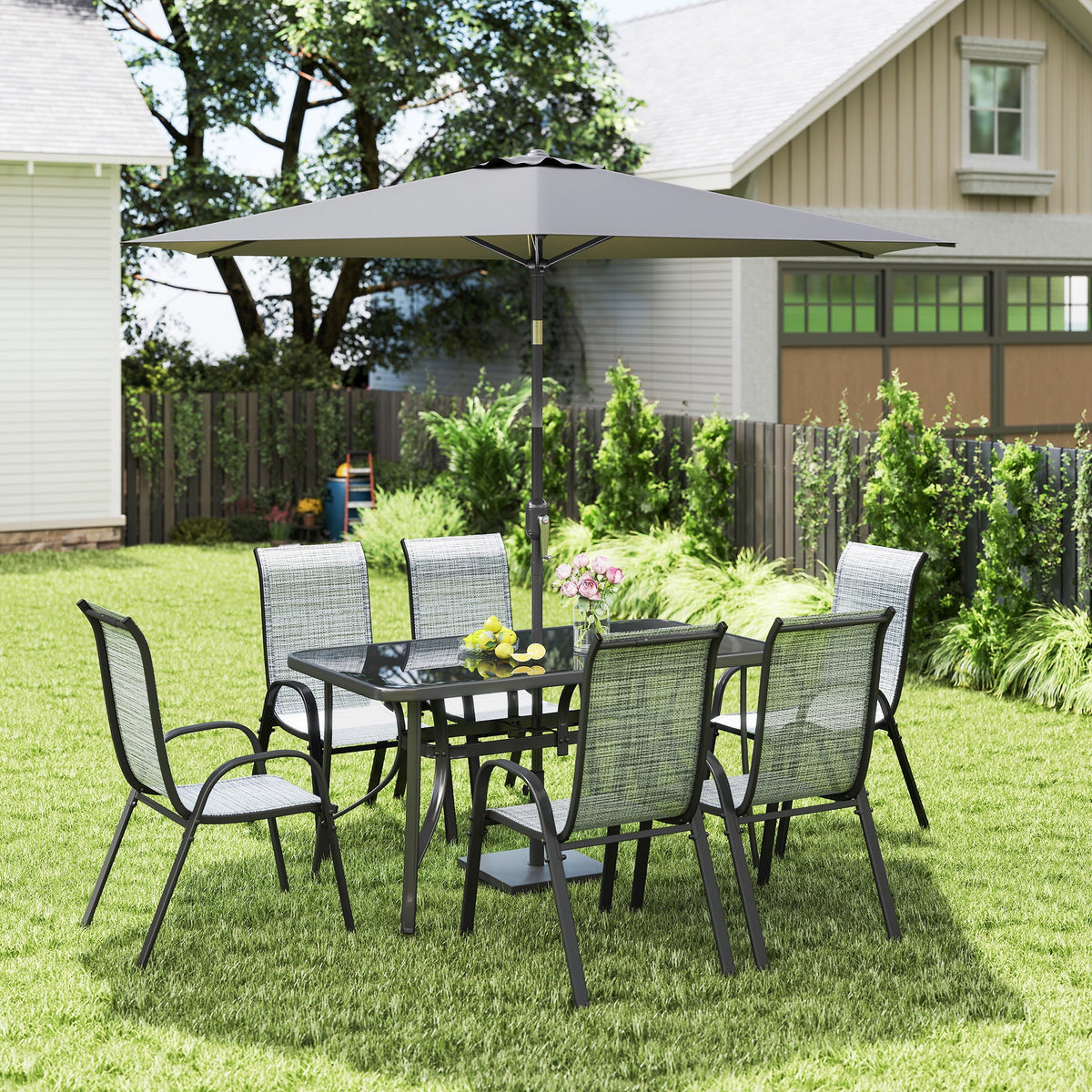 Ensemble repas de terrasse 8 pièces avec parasol 9 Ft, Mixed Gray