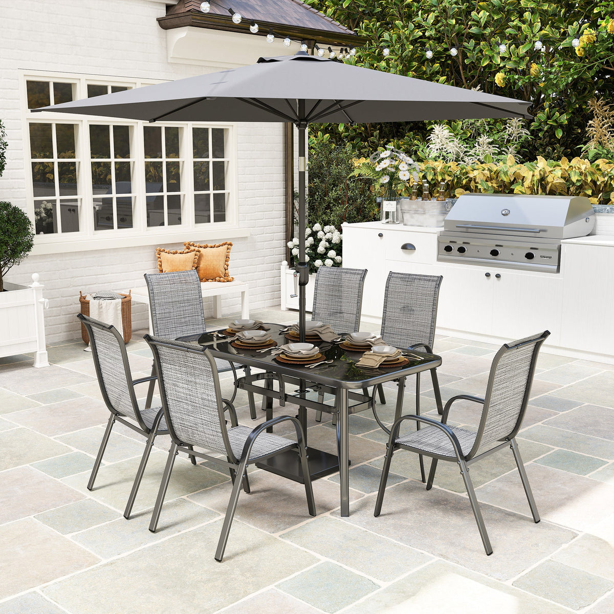 Ensemble repas de terrasse 8 pièces avec parasol 9 Ft, Mixed Gray