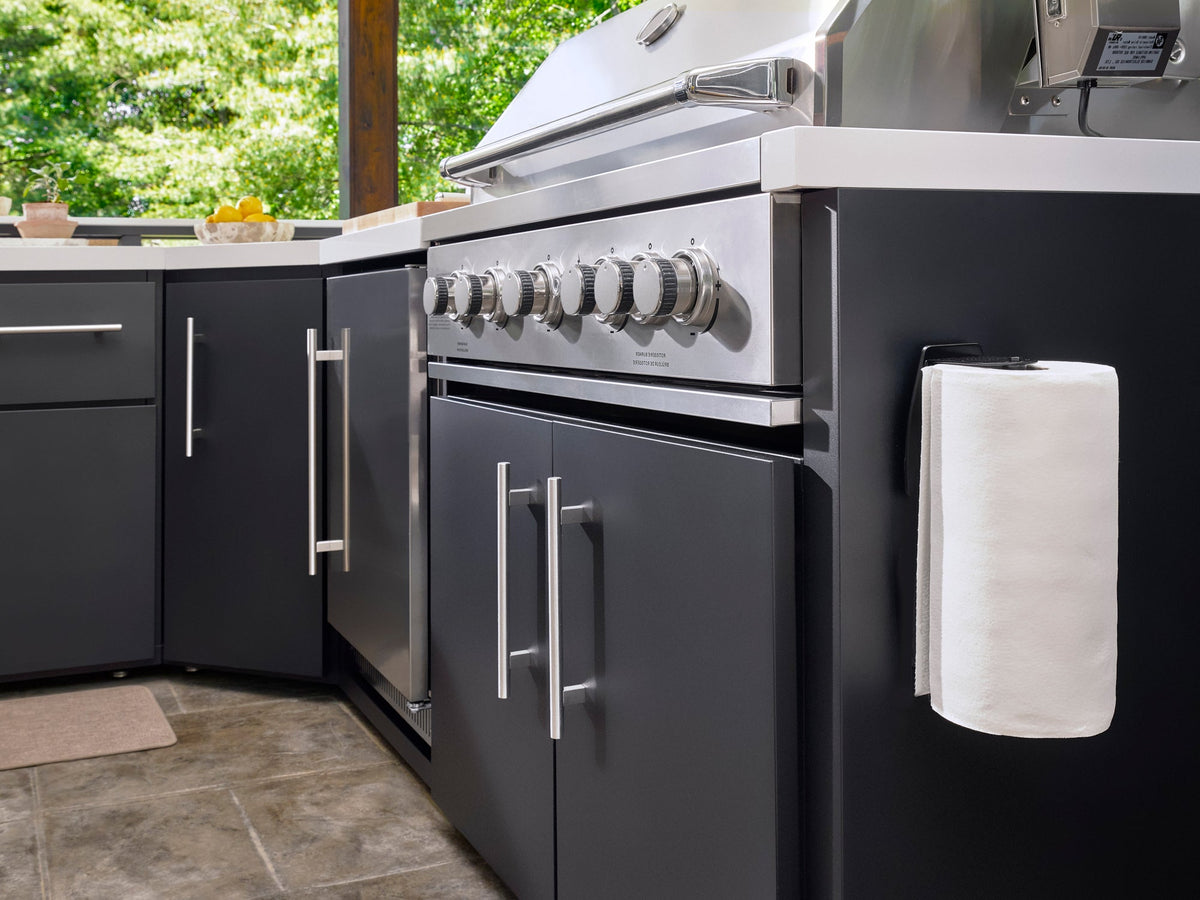Emory | Îlot de cuisine extérieure d’angle avec barbecue encastrable et four à pizza