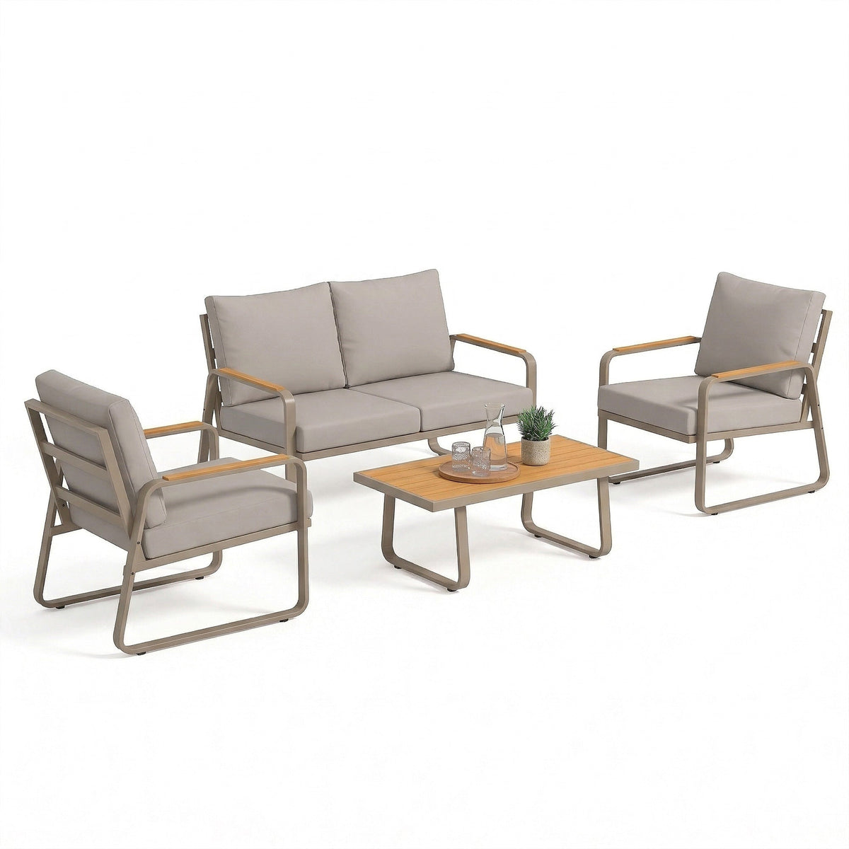 Ensemble de terrasse 4 pièces avec structure métallique et coussins, canapé 2 places et 2 fauteuils, marron