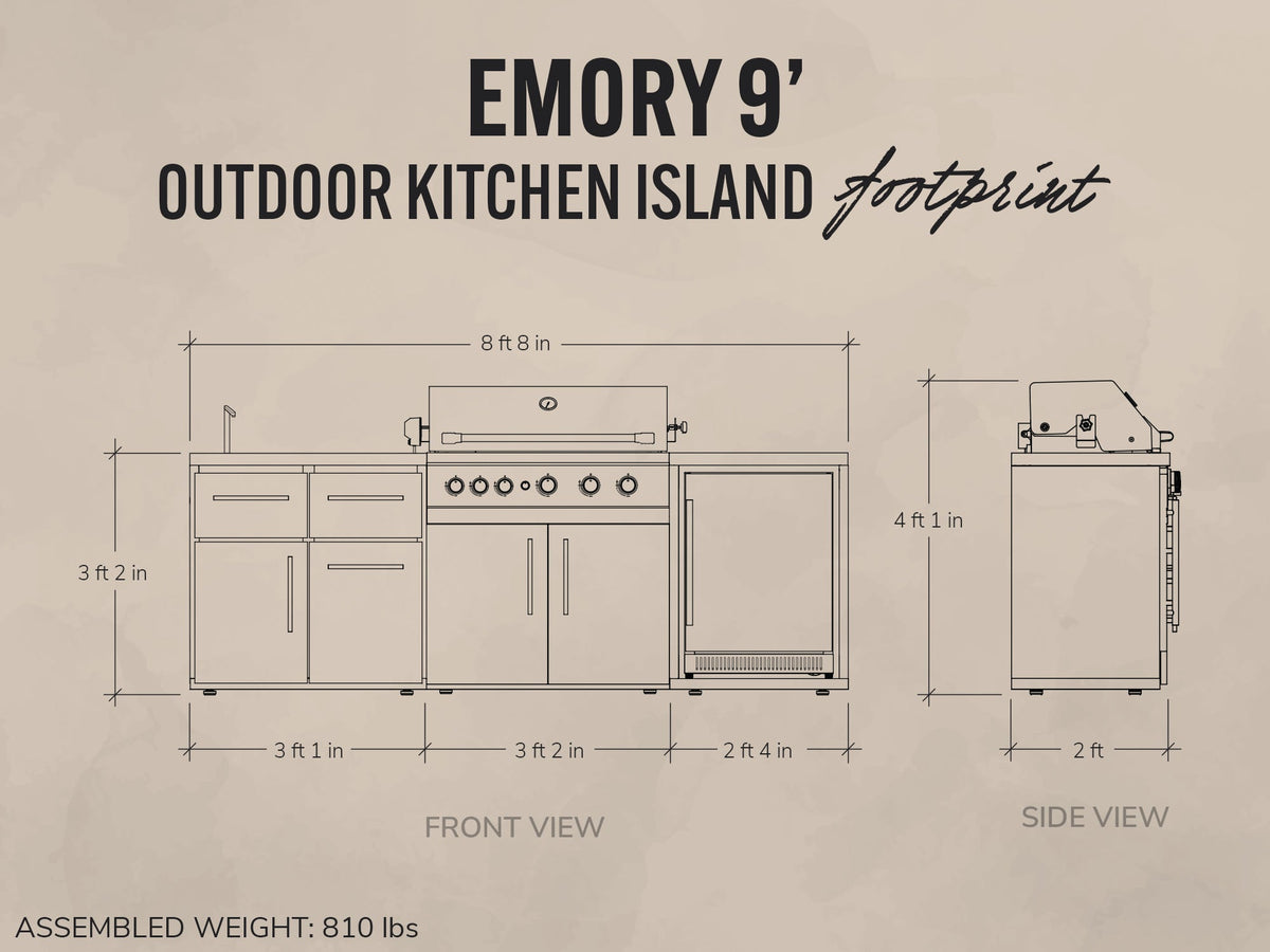 Emory | Îlot de cuisine extérieure 9-Foot avec barbecue encastrable