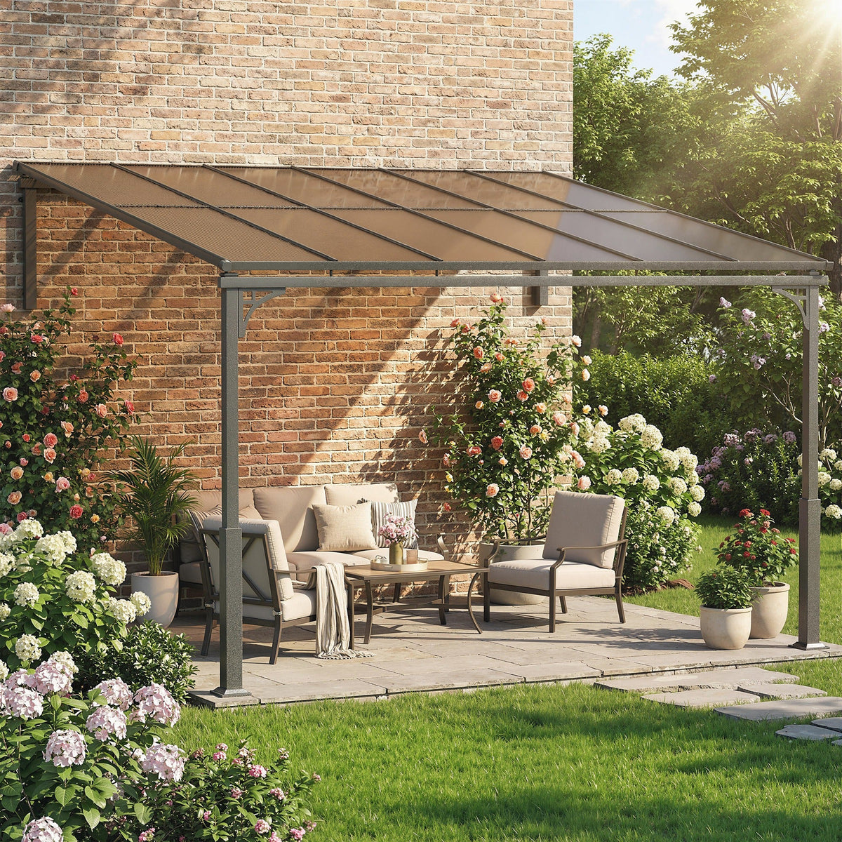 Pergola murale adossée 11' x 10' avec toit en polycarbonate, marron