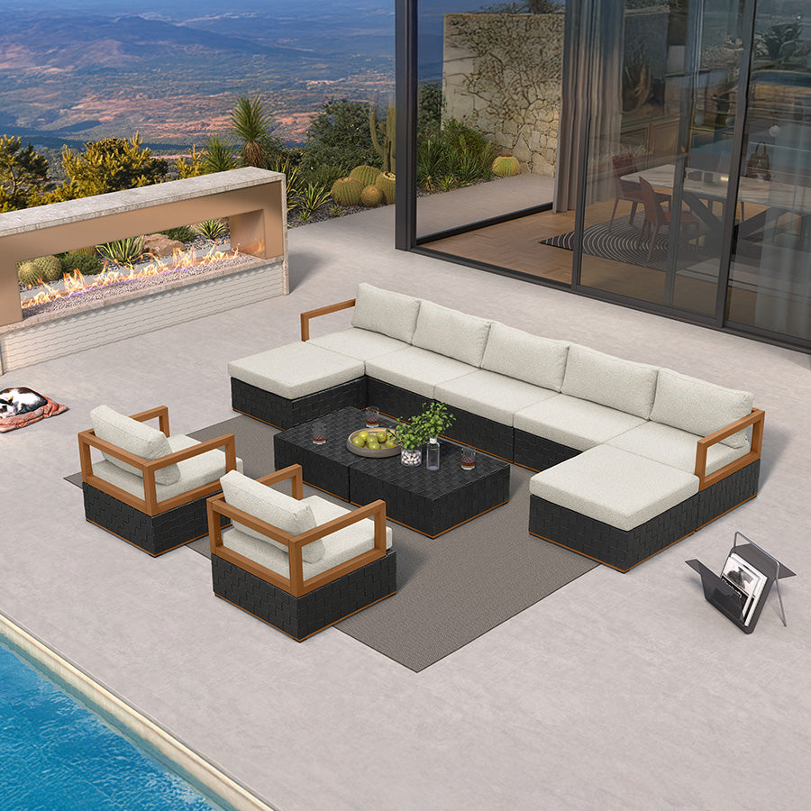 PURPLE LEAF Griffin Classical – Ensemble salon de terrasse noir avec coussins, oreillers, ottoman et cuir Premium