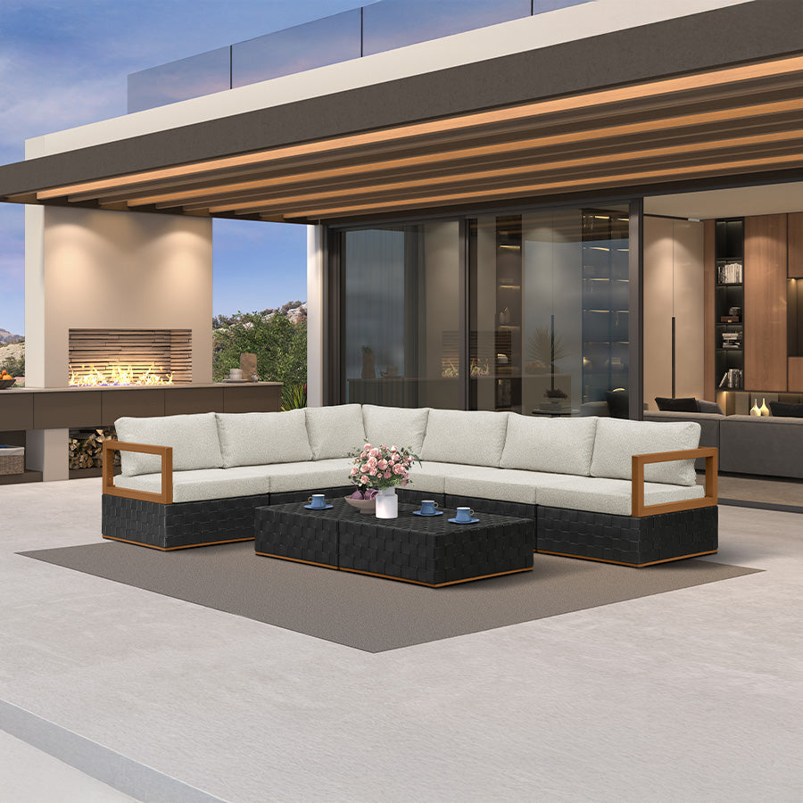 PURPLE LEAF Griffin – Ensemble salon de terrasse en L noir avec coussins, oreillers, ottoman et cuir Premium pour terrasse et balcon