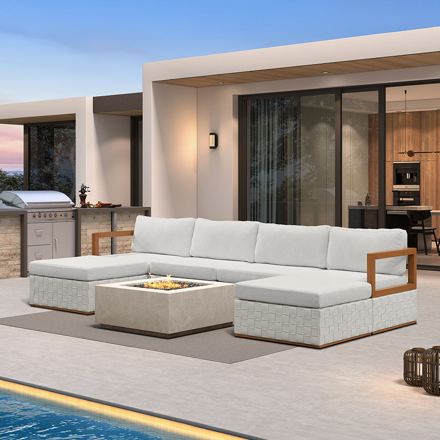 PURPLE LEAF Griffin – Ensemble salon de terrasse en U blanc avec coussins, oreillers, ottoman et cuir Premium