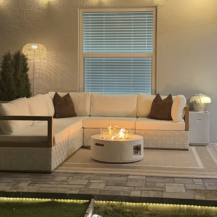 PURPLE LEAF Griffin – Ensemble salon de terrasse en L blanc avec coussins, oreillers, ottoman et cuir Premium pour terrasse et balcon