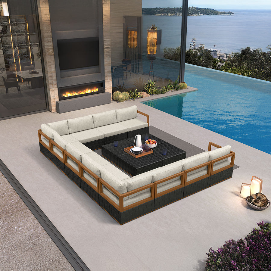 PURPLE LEAF Griffin – Ensemble salon de terrasse en U noir avec coussins, oreillers, ottoman et cuir Premium