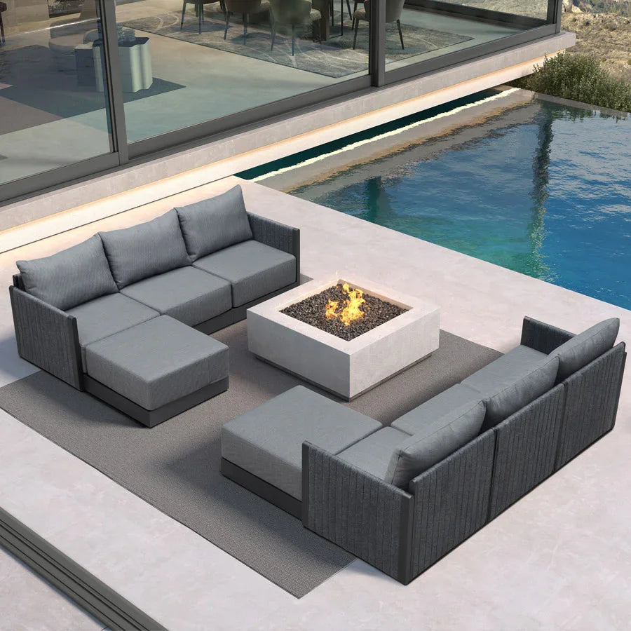 PURPLE LEAF Sanori – Canapé d’angle extérieur symétrique gris, design modulaire avec coussins et ottoman pour porche