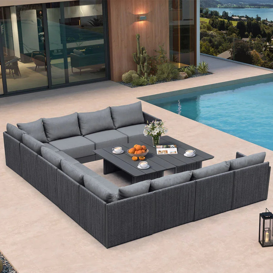 PURPLE LEAF Sanori – Ensemble canapé de terrasse modulaire en U avec coussins gris et ottoman pour balcon