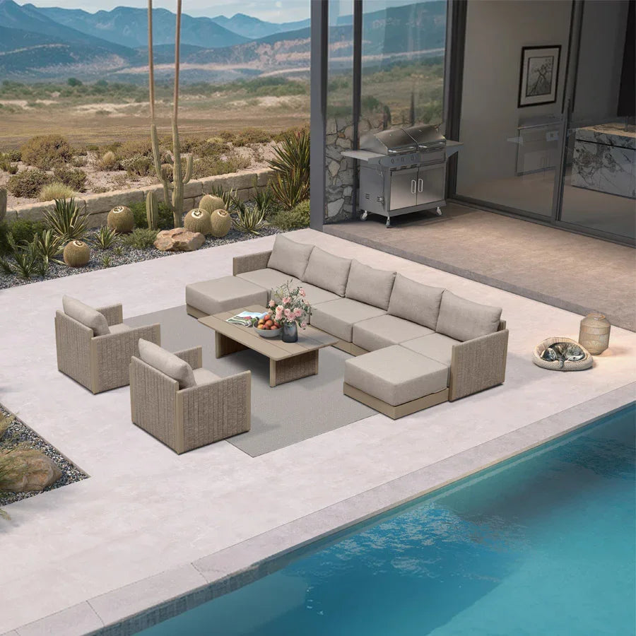 PURPLE LEAF Sanori – Canapé d’angle extérieur symétrique beige, design modulaire avec coussins et ottoman pour porche