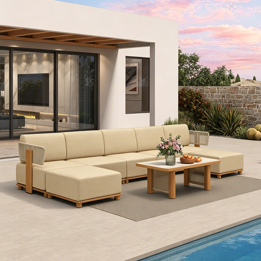 PURPLE LEAF Breck – Canapé d’angle extérieur modulaire en U avec table, structure en aluminium effet bois et coussins épais coloris Teak