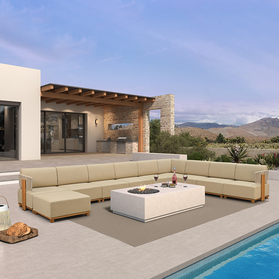 PURPLE LEAF Breck – Canapé d’angle extérieur modulaire en U avec structure en aluminium effet bois et coussins épais coloris Teak