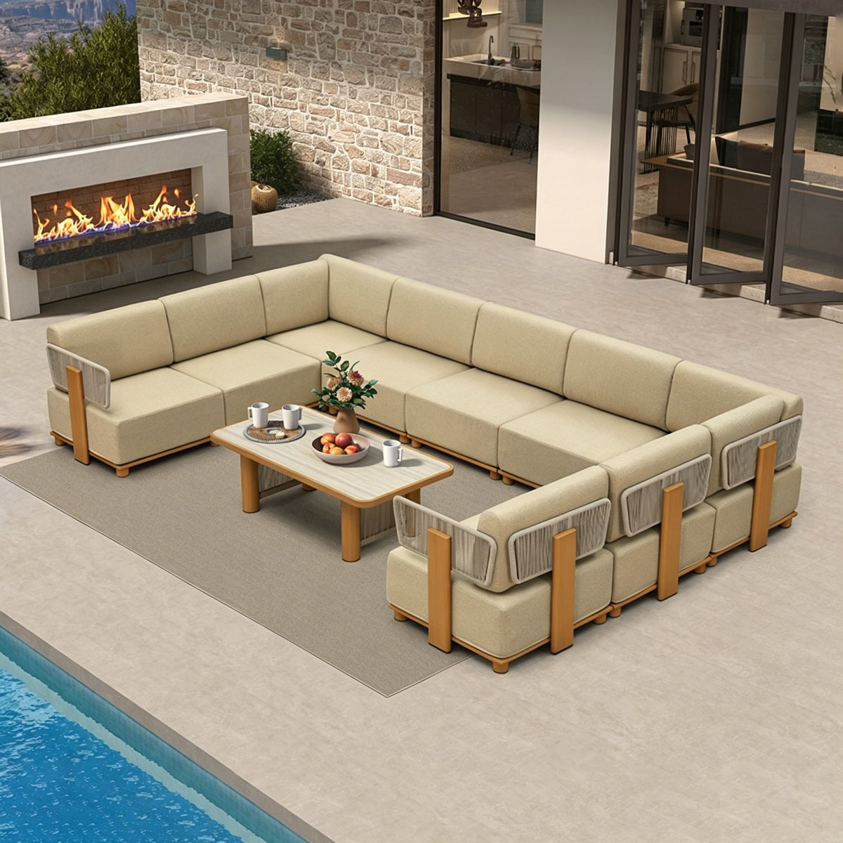 PURPLE LEAF Breck – Canapé d’angle extérieur modulaire en U avec table, structure en aluminium effet bois et coussins épais coloris Teak