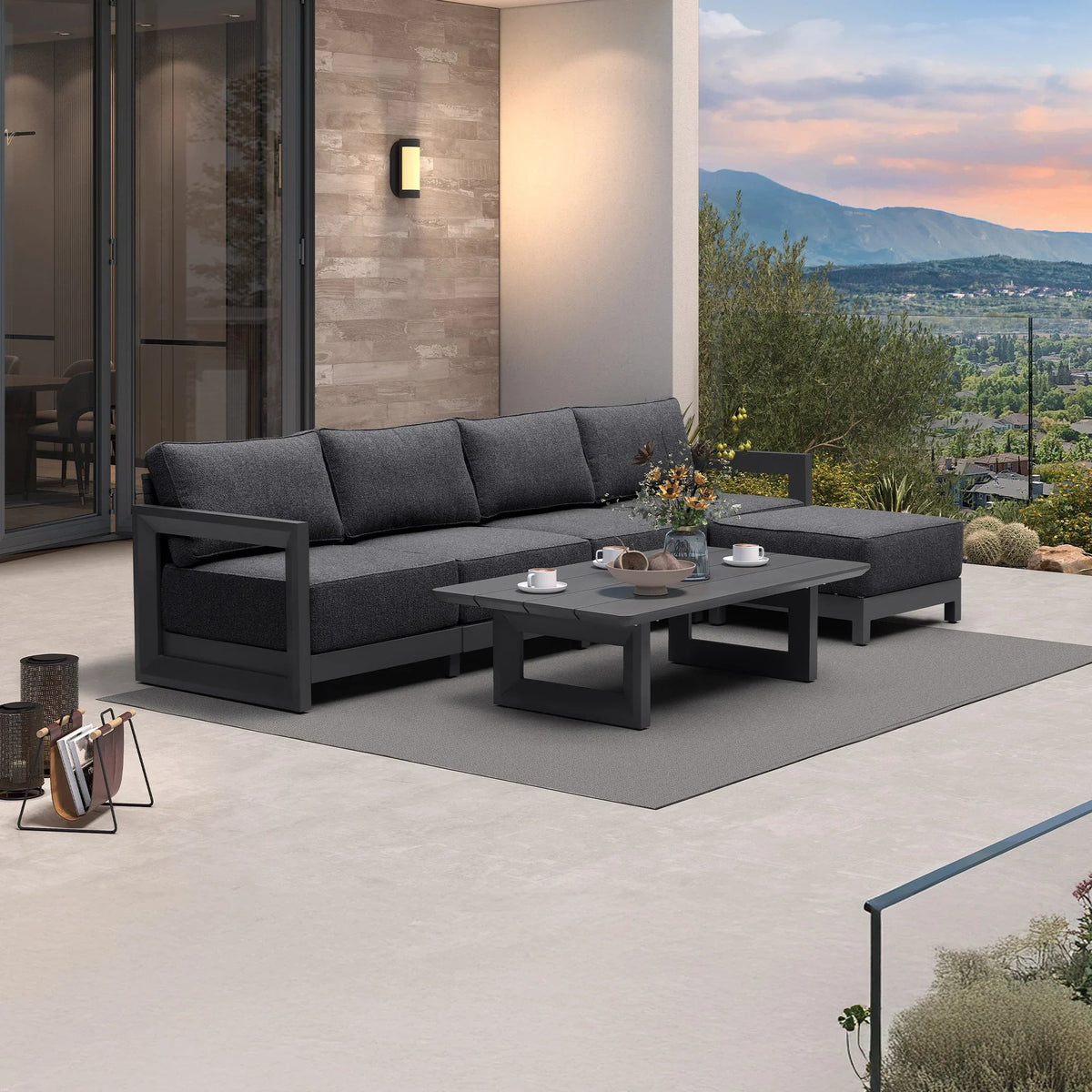 PURPLE LEAF Caesar – Ensemble salon de terrasse en L avec coussins et oreillers gris, canapé et ottoman pour jardin et porche