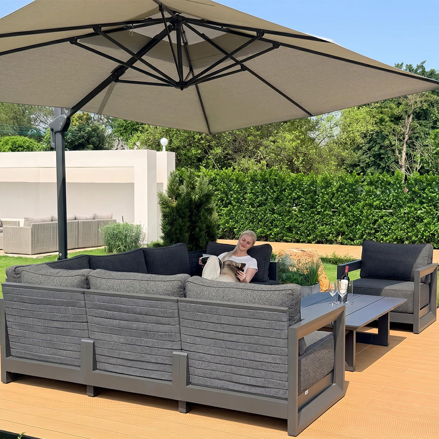PURPLE LEAF Caesar – Ensemble salon de terrasse à extrémité ouverte avec coussins et oreillers gris et ottoman