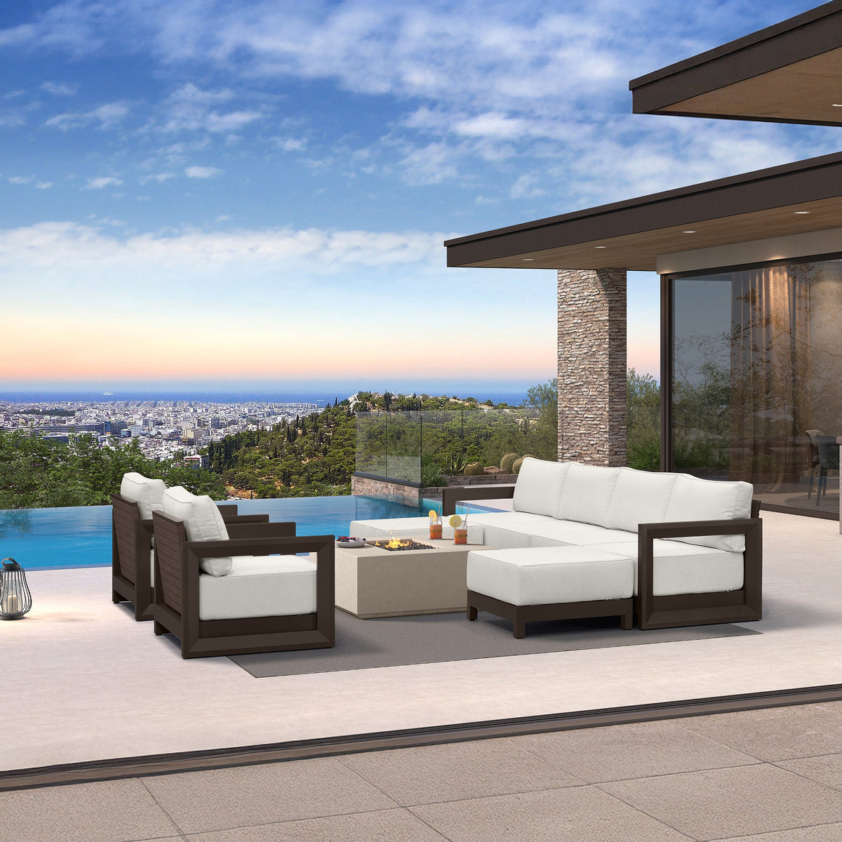 PURPLE LEAF Caesar – Ensemble salon de terrasse fermé avec coussins et oreillers bronze et ottoman pour porche et jardin