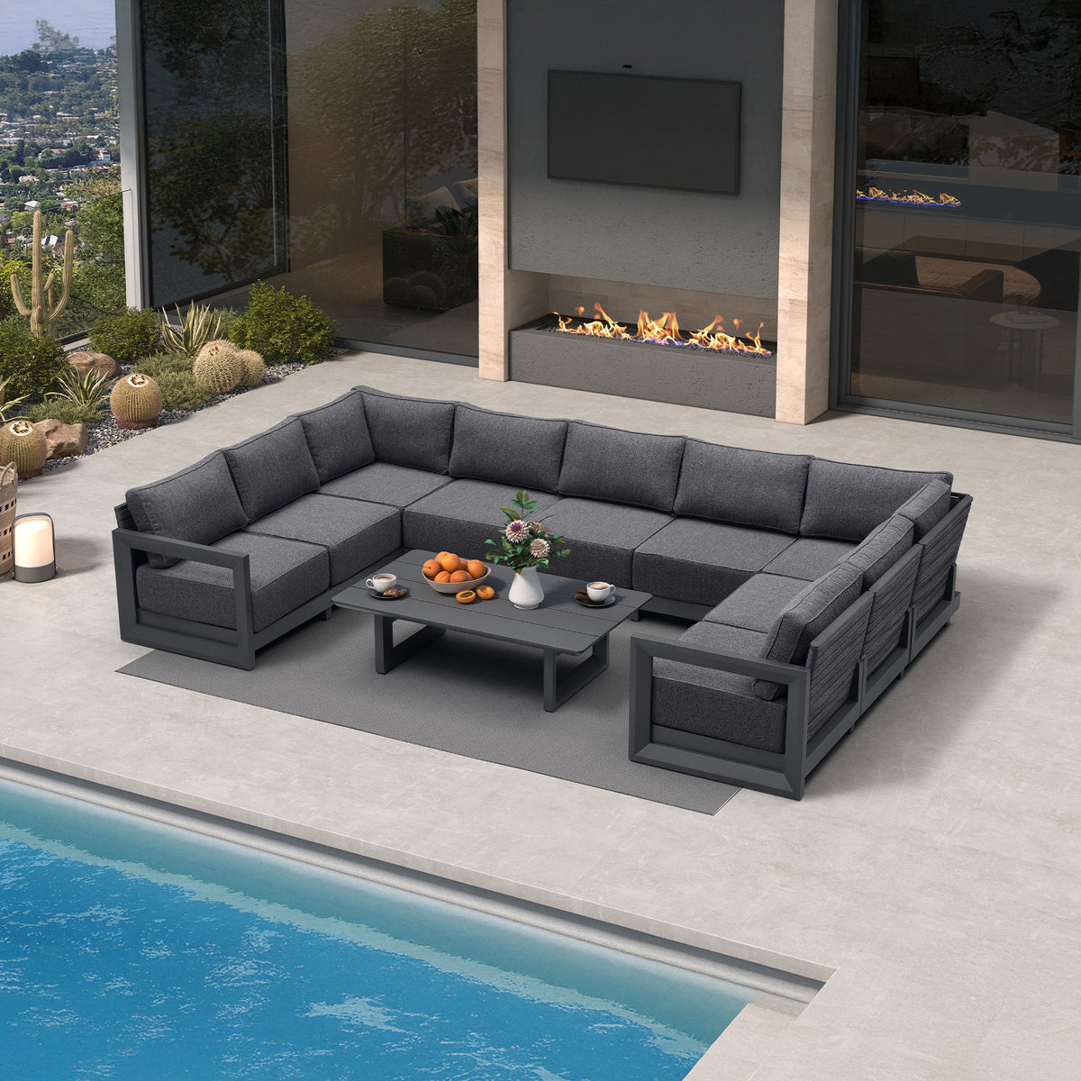 PURPLE LEAF Caesar – Ensemble salon de terrasse en U avec coussins et oreillers gris, canapé et ottoman