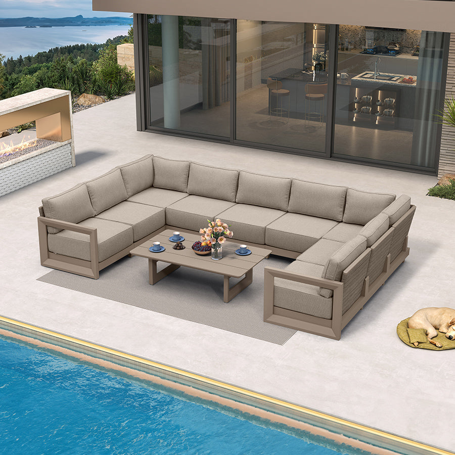 PURPLE LEAF Caesar – Ensemble salon de terrasse en U avec coussins et oreillers kaki, canapé et ottoman