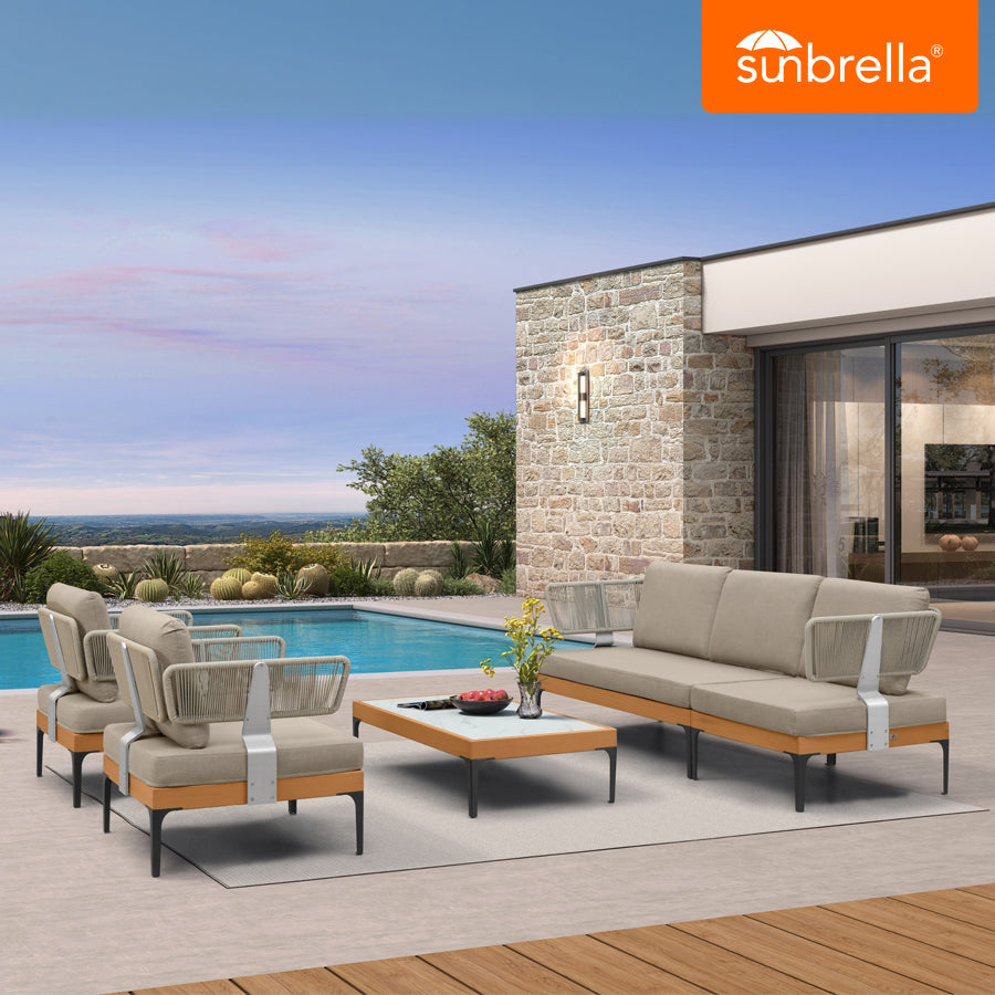 PURPLE LEAF Sicilia Classical – Canapé d’angle extérieur modulaire avec coussins Sunbrella Taupe, configuration flexible pour salon extérieur style hôtel