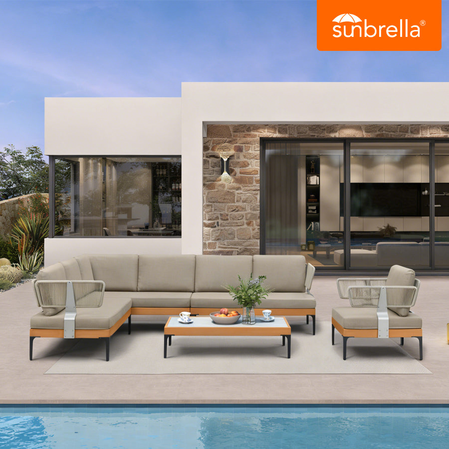 PURPLE LEAF Sicilia Classical – Canapé d’angle extérieur modulaire avec coussins Sunbrella Taupe, configuration flexible pour salon extérieur style hôtel