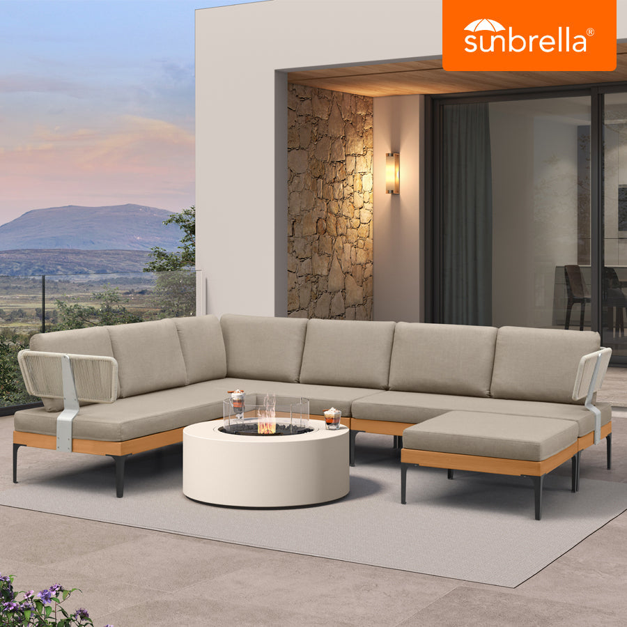 PURPLE LEAF Sicilia – Canapé d’angle extérieur modulaire en L avec coussins Sunbrella Taupe, configuration flexible pour terrasse moderne