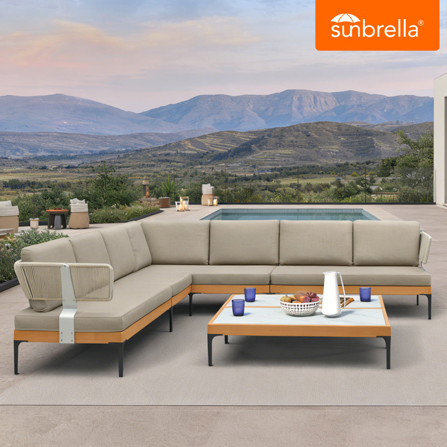 PURPLE LEAF Sicilia – Canapé d’angle extérieur modulaire en L avec coussins Sunbrella Taupe, configuration flexible pour terrasse moderne