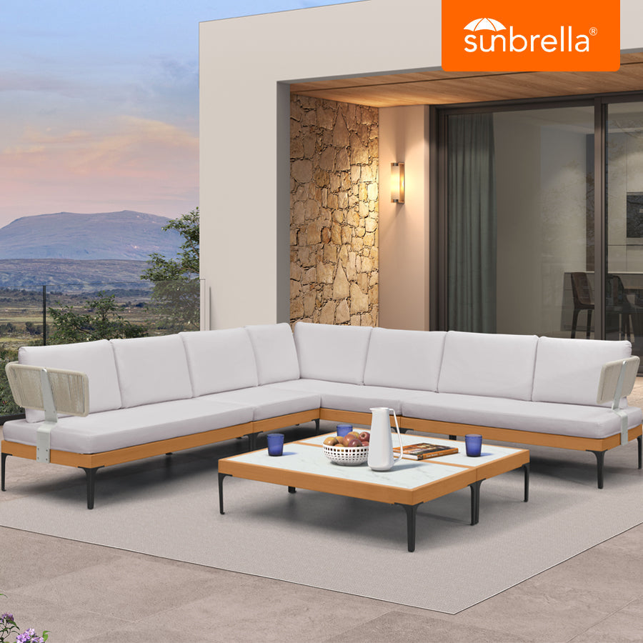 PURPLE LEAF Sicilia – Canapé d’angle extérieur modulaire en L avec coussins Sunbrella blancs, configuration flexible pour terrasse moderne minimaliste