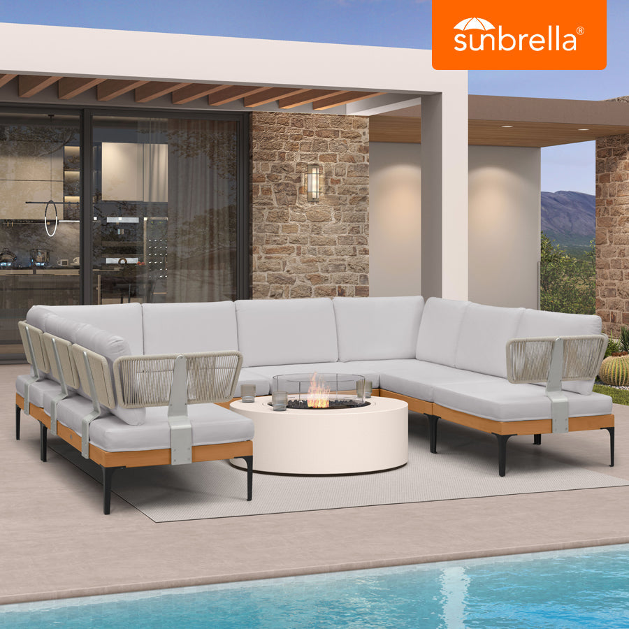 PURPLE LEAF Sicilia – Canapé d’angle extérieur modulaire en U avec coussins Sunbrella blancs, configuration flexible pour espaces lounge commerciaux