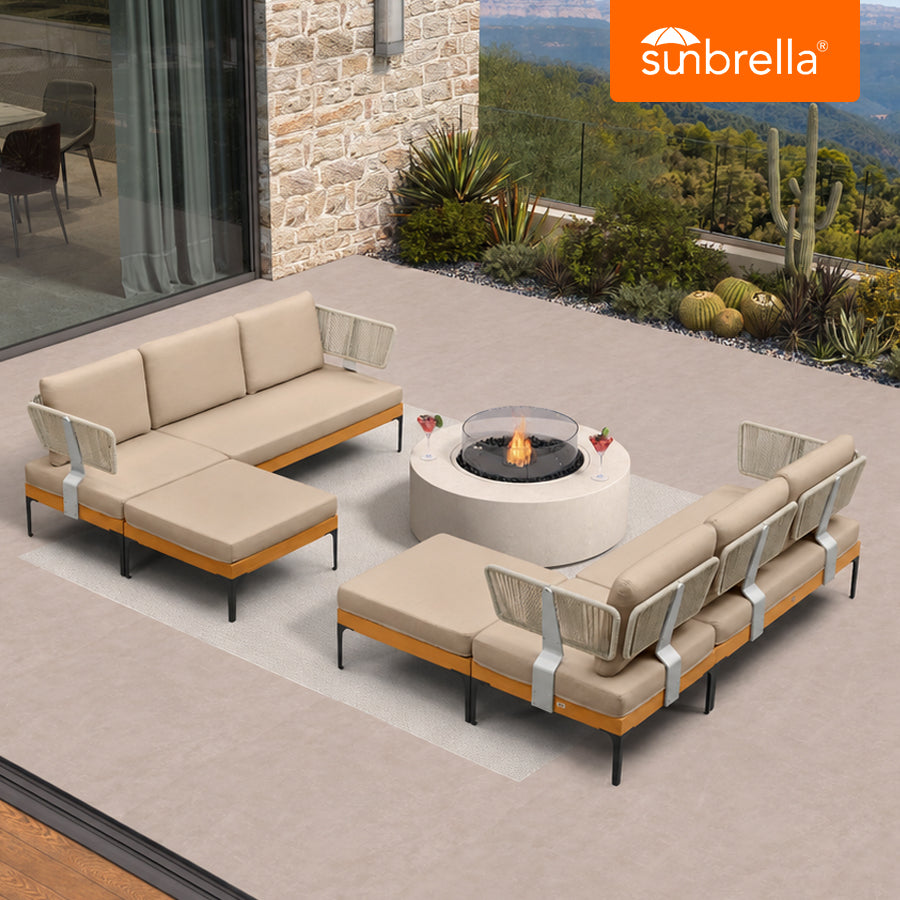 PURPLE LEAF Sicilia – Canapé d’angle extérieur modulaire en U avec coussins Sunbrella kaki, configuration flexible pour espaces commerciaux extérieurs