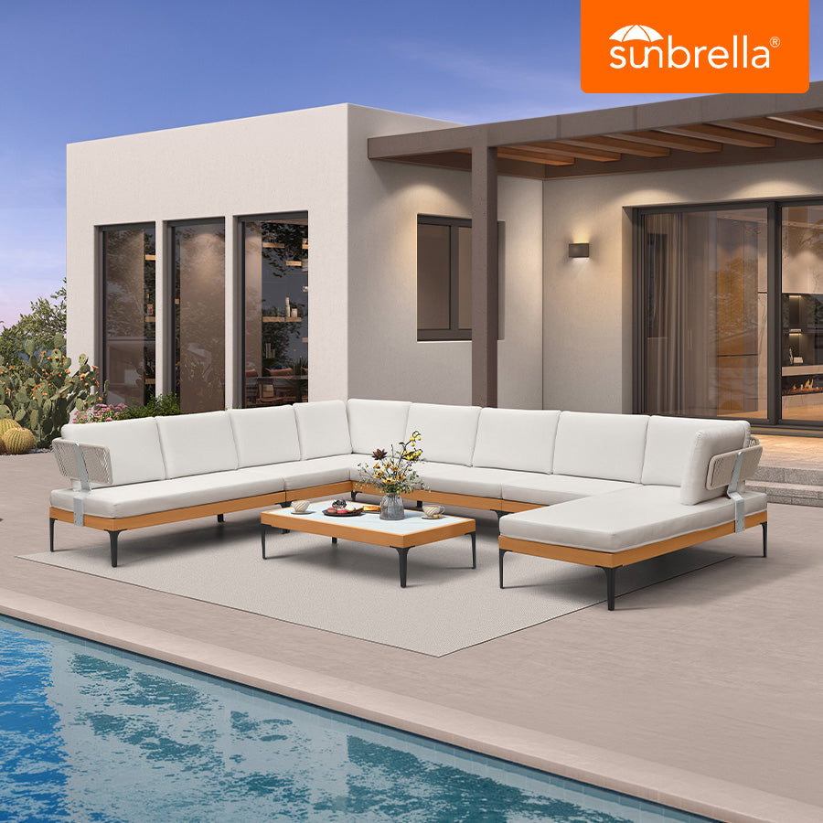 PURPLE LEAF Sicilia – Canapé d’angle extérieur modulaire en U avec coussins Sunbrella blancs, configuration flexible pour espaces lounge commerciaux