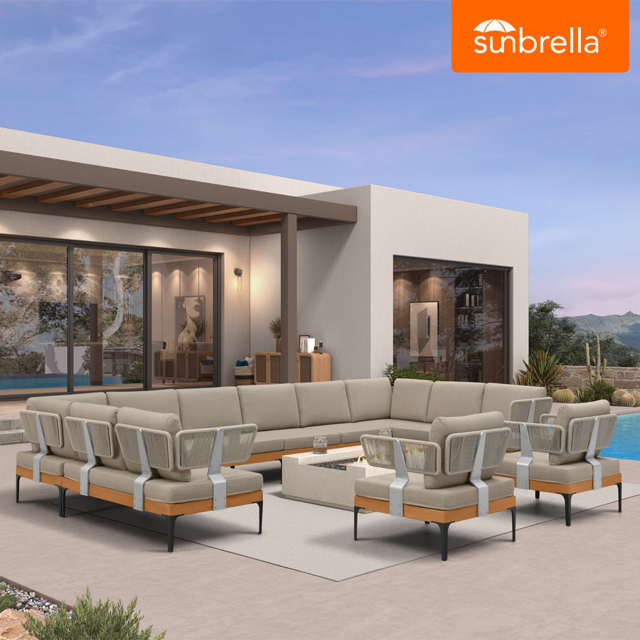 PURPLE LEAF Sicilia Classical – Canapé d’angle extérieur modulaire avec coussins Sunbrella Taupe, configuration flexible pour salon extérieur style hôtel