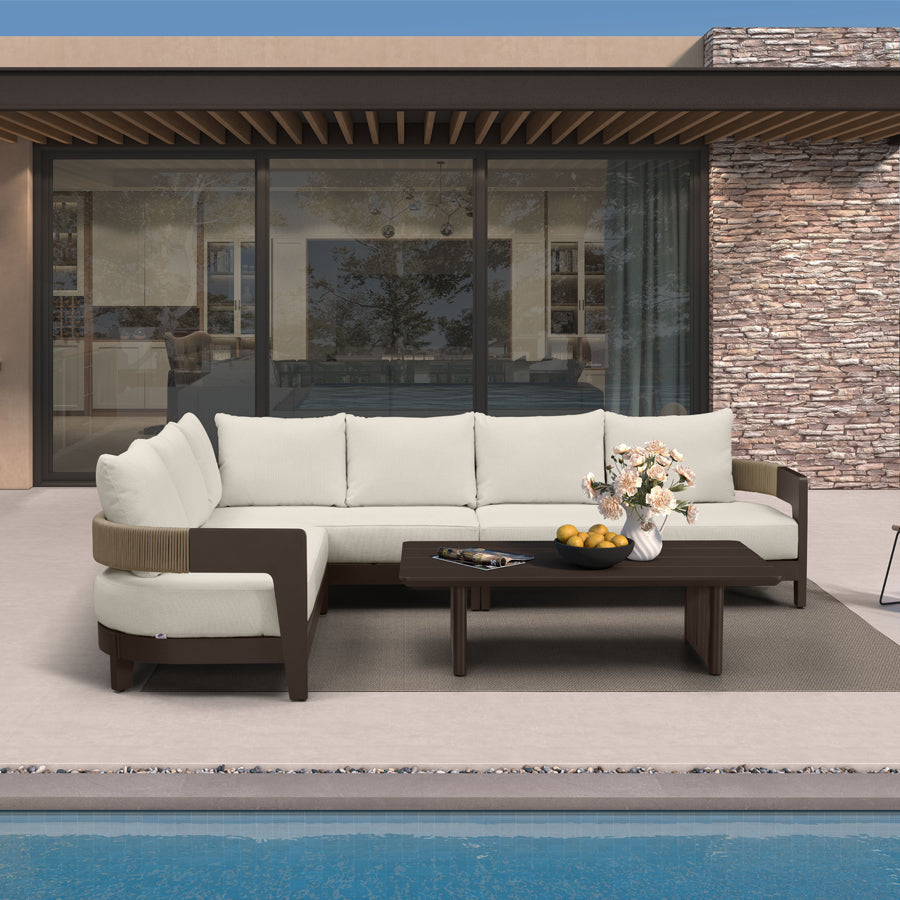 PURPLE LEAF Tuscany – Ensemble salon de terrasse en L avec structure en aluminium bronze, coussins et oreillers amovibles