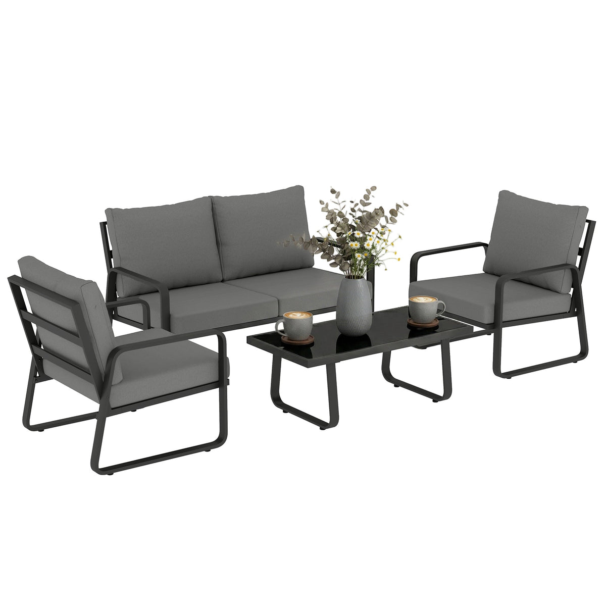 Salon de jardin complet avec canapé, fauteuils et table