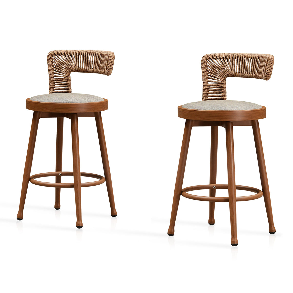 PURPLE LEAF – Lot de 2 tabourets de bar pivotants extérieurs modernes en métal, rotin et aluminium avec dossier et coussins