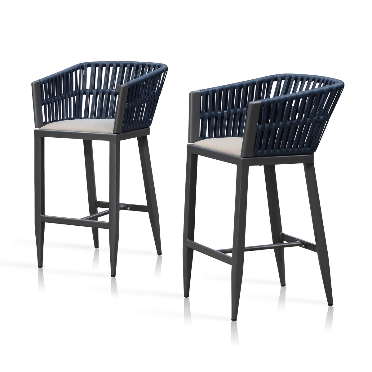 PURPLE LEAF – Lot de 2 tabourets de bar extérieurs renforcés en rotin tressé avec dossier et coussins pour jardin