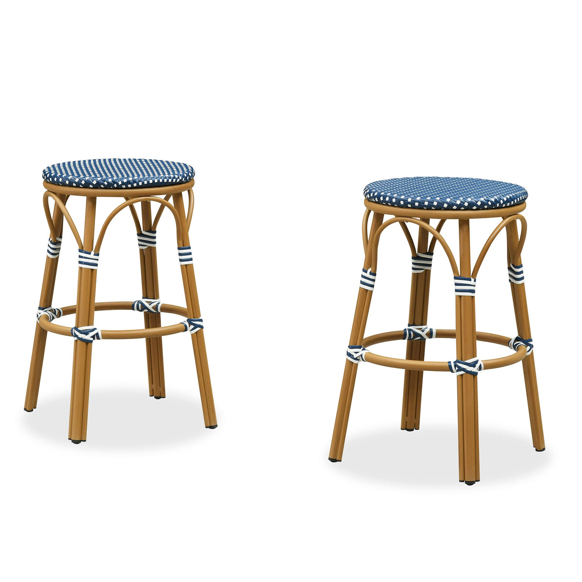 PURPLE LEAF – Lot de 2 tabourets ronds style français hauteur comptoir en rotin, sans dossier, empilables, structure en aluminium et repose-pieds