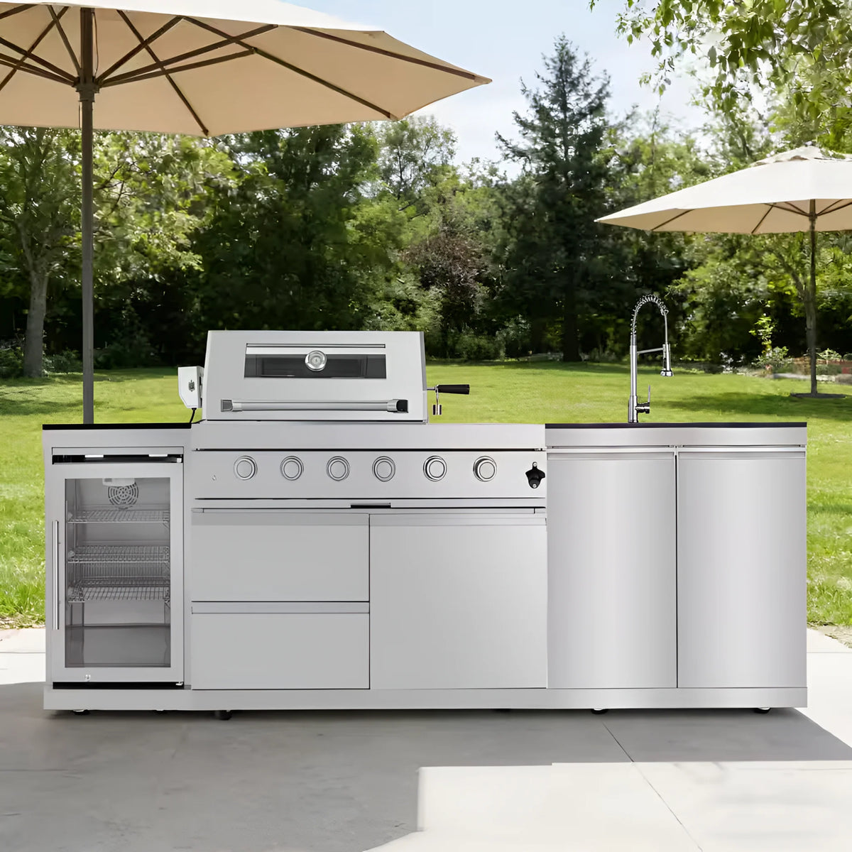 Îlot de cuisine extérieure 46 pouces avec barbecue 4 brûleurs 72,000 BTU en acier inoxydable, cave à vin et rôtissoire, Silver