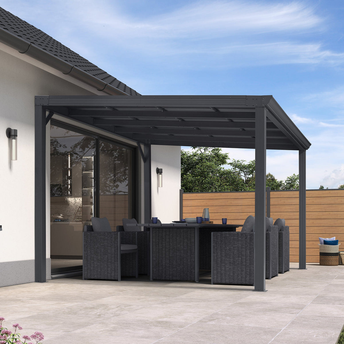 PURPLE LEAF – Pavillon Premium mural adossé avec toit en acier galvanisé pour espace de vie extérieur