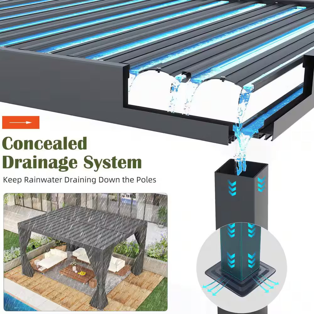 Pergola en aluminium 12 Ft. W X 10 Ft. D avec toit à lames orientables réglables, rideaux imperméables et moustiquaires