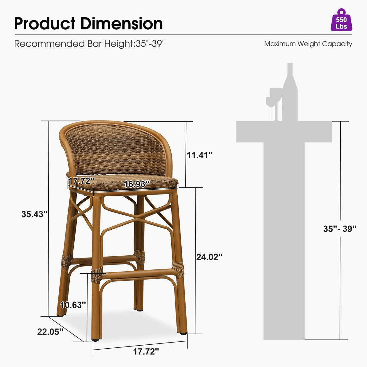 PURPLE LEAF – Lot de 2 tabourets de bar hauts extérieurs en rotin avec structure en aluminium et dossier pour cuisine, jardin ou bistrot