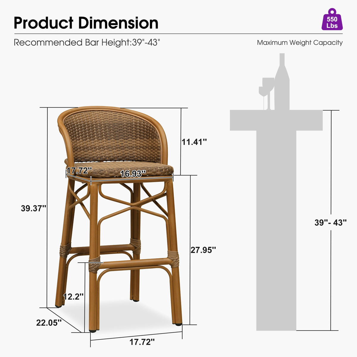 PURPLE LEAF – Lot de 2 tabourets de bar hauts extérieurs en rotin avec structure en aluminium et dossier pour cuisine, jardin ou bistrot