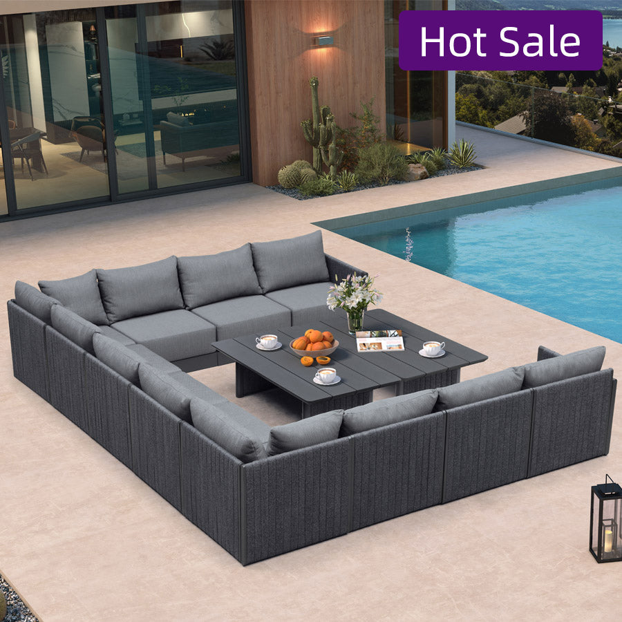 PURPLE LEAF Sanori – Ensemble canapé de terrasse modulaire en U avec coussins gris et ottoman pour balcon