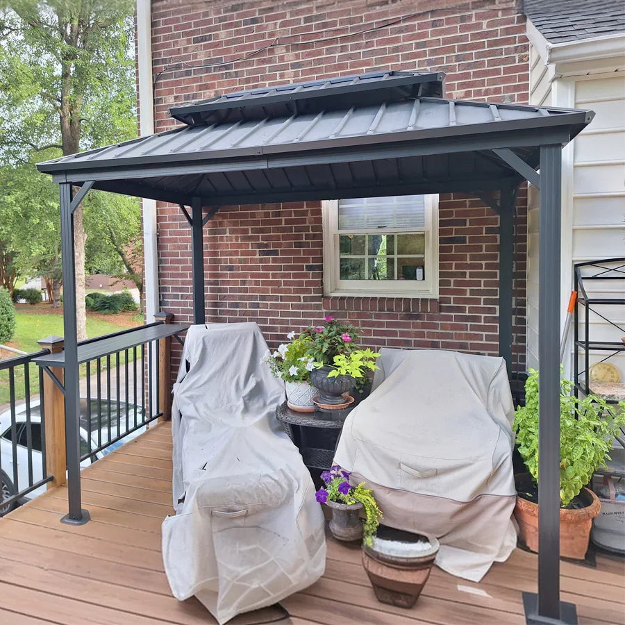 PURPLE LEAF – Pavillon à toit rigide pour barbecue, toit métallique permanent gris et auvent d’ombrage extérieur