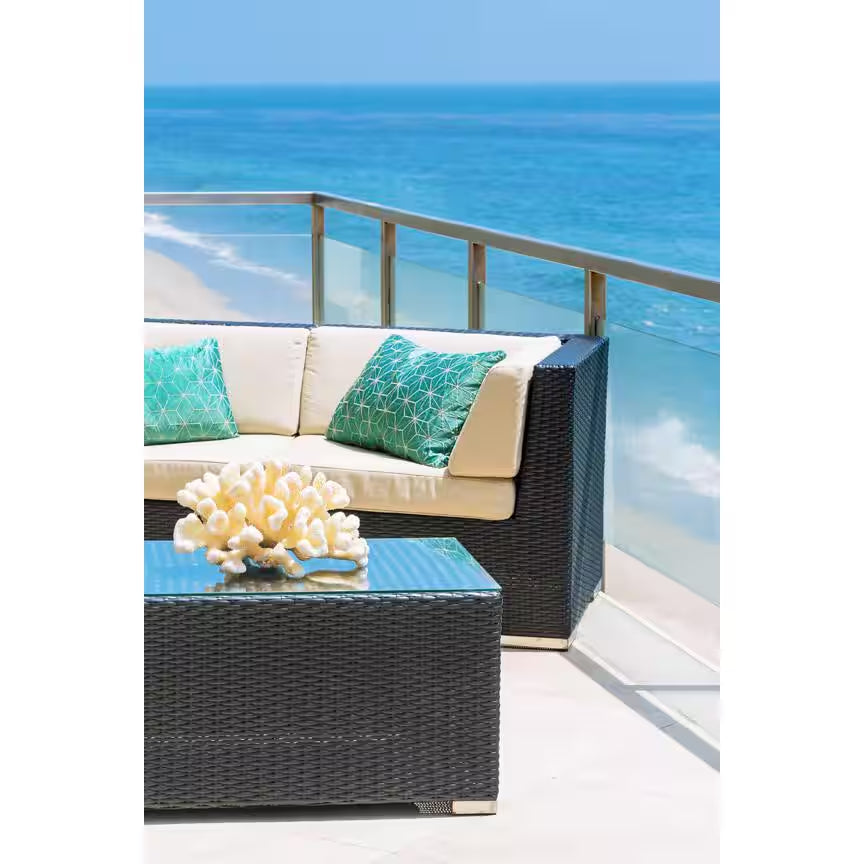 Ensemble salon de terrasse en résine tressée noire 7 pièces avec coussins Sunbrella Coal